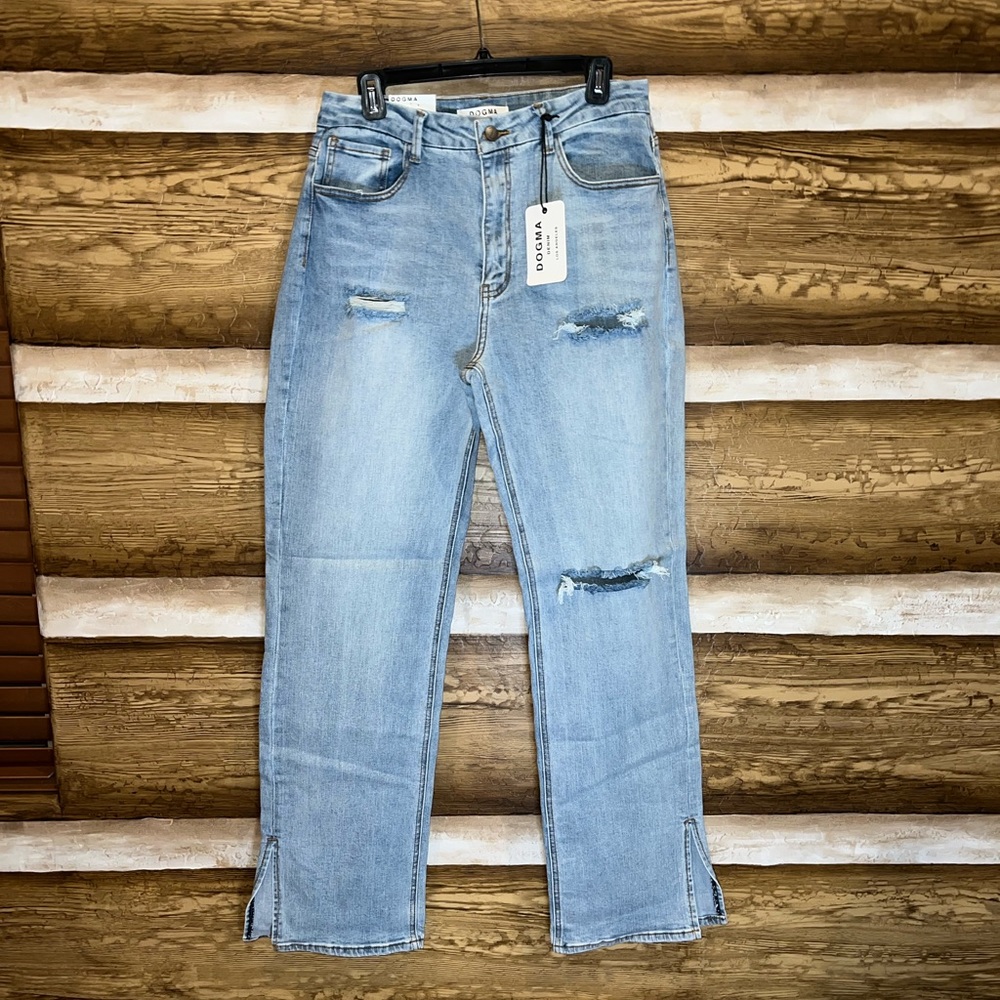 Dogma Distressed High Rise Straight Jeans Side Slit Hem - Picture 6 of 13